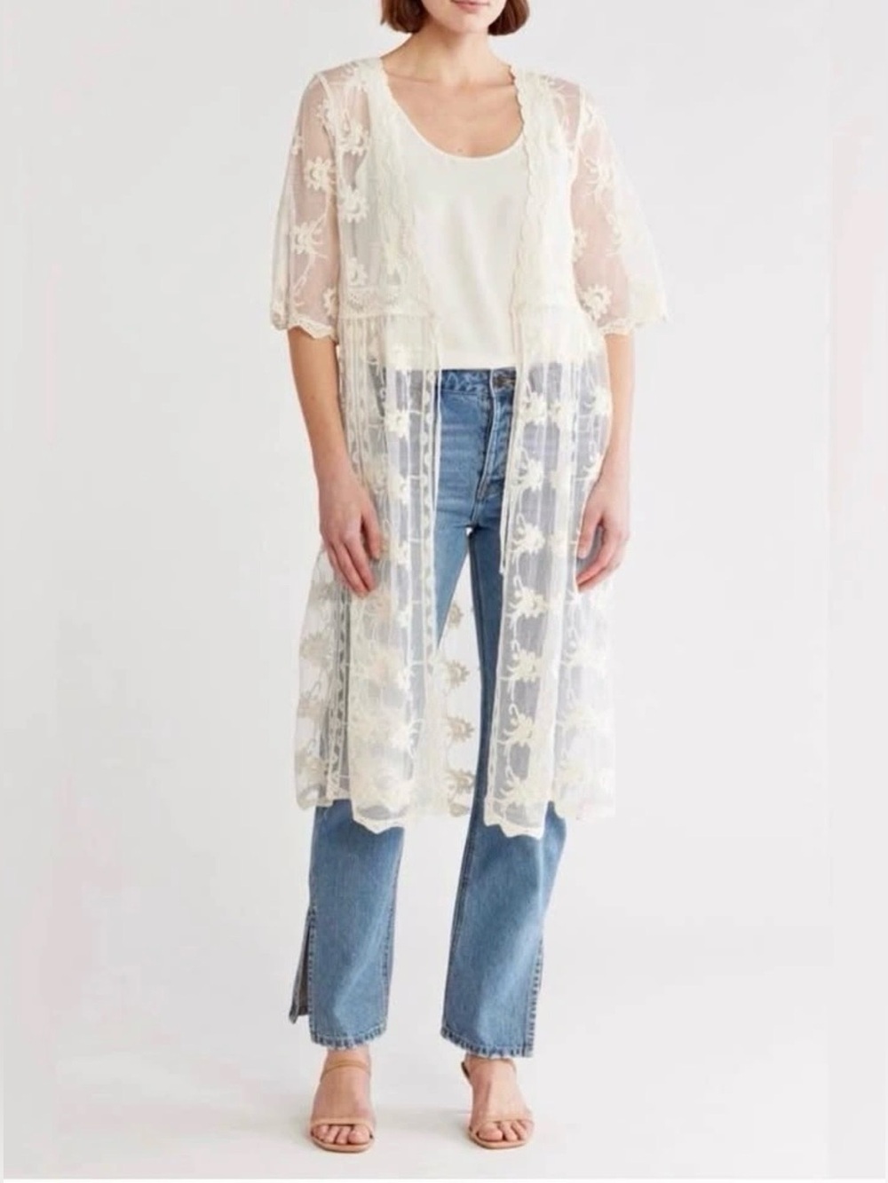 Boho Sheer White Floral Embroidered Duster Kimono Vest Coverup